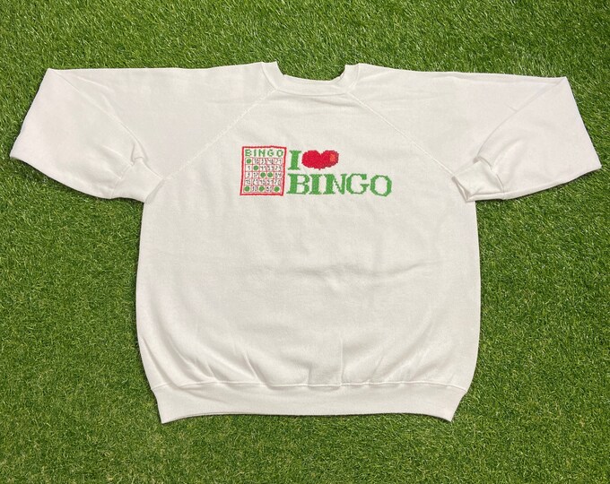 Vintage I Love Bingo Crewneck Sweatshirt Made USA Size Large L Pick4 Money Lottery Cash Gambling Profit Loss 1990s 90s Pull Over Oversized