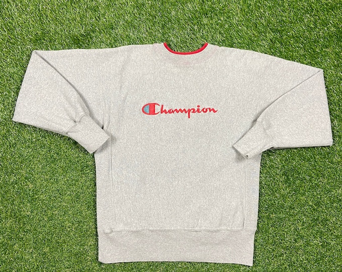 Vintage Gray Red Lining Champion Reverse Weave Crewneck Sweatshirt Medium M Quality 1990's Oversized Fit Made USA Original 90s Pull Over