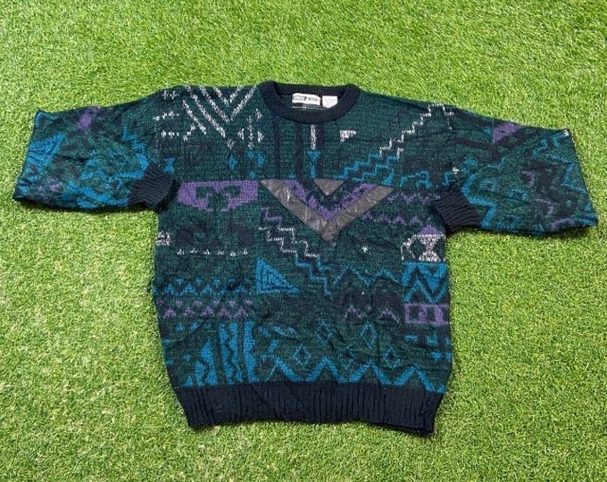 Vintage Black Multicolor Knitted Crewneck Sweater Urban Works Size Large L Quality Cool Pattern Warm Winter Fashion Pull Over Oversized