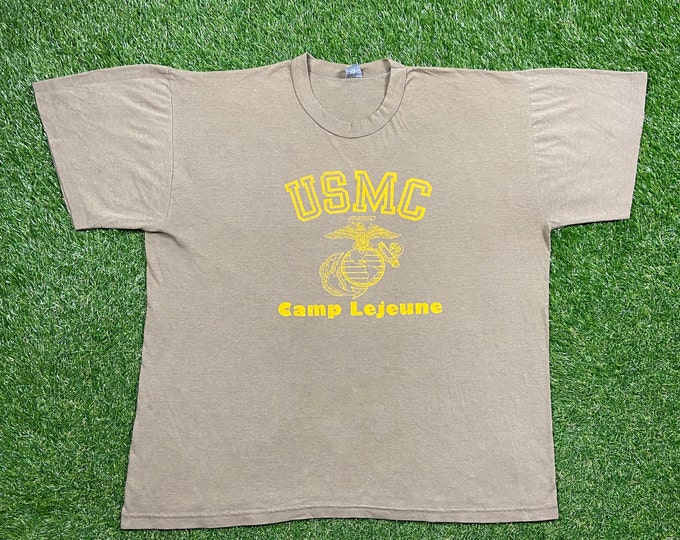 Vintage USMC United States Marines Corps Camp Lejeune T Shirt Tee Size XXL 2XL 1980s Navy Army Military 80s
