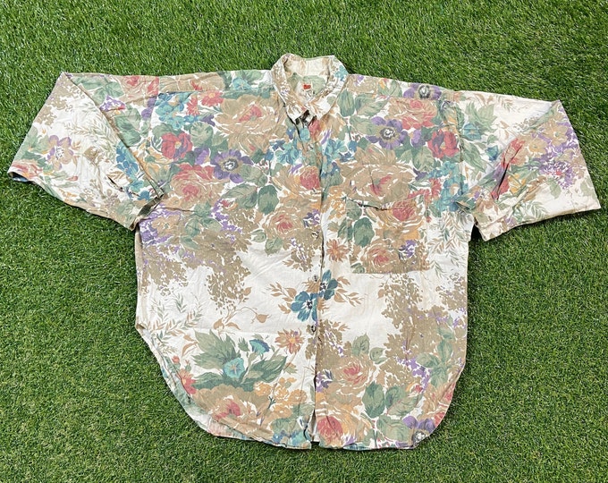 Vintage Floral Button Down Shirt Red Camel Size Large L Flowers Wacky Fun Art 80s 1980s Original Classic Party Festival Pop Casual