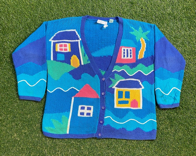 Vintage Multicolor Cardigan Knit Sweater Size Medium M Ocean Surfing Waves Beach Tropical Island 1980s 80s Comfy Button Down Comfy Warm