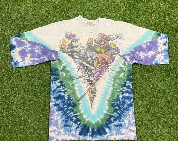 Vintage Grateful Dead Bear Skiing Tye Dye Long Sleeve T Shirt Tee Fruit of the Loom Made USA Size Large L Snowboard 1990s 90s GDM Longsleeve