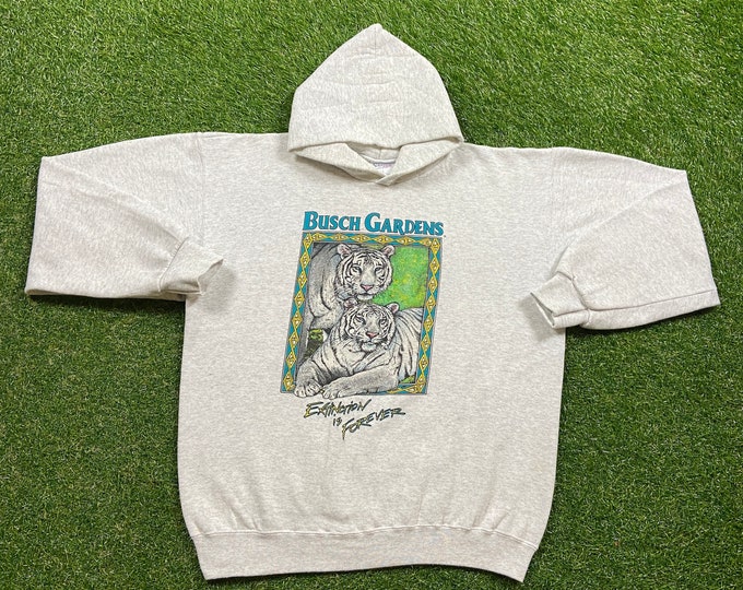 Vintage Busch Gardens Extinction is Forever Hoodie Sweatshirt Santee Made USA Size Large L Tampa Bay Florida Theme Park Amusement Pull Over