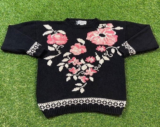 Vintage Floral Knit Crewneck Sweater P Galli Size Large L Flowers Gardening Love Bees Caterpillars Nature Plants 1980s 80s