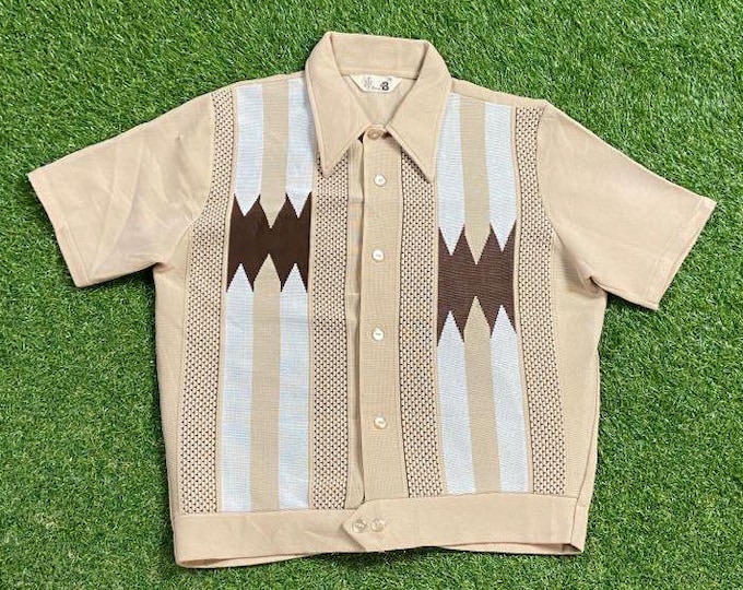 Vintage Beige Patterned Polo Shirt Size Medium M Classic Quality Fashion 1990s 90s