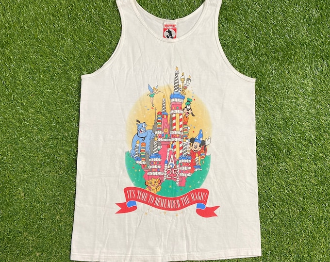 Vintage Walt Disney World Tank Top Shirt Tee Size Small S 25th Aniversary Disneyland Magic Kingdom WDW Mickey Mouse 1990s 90s Cake Castle