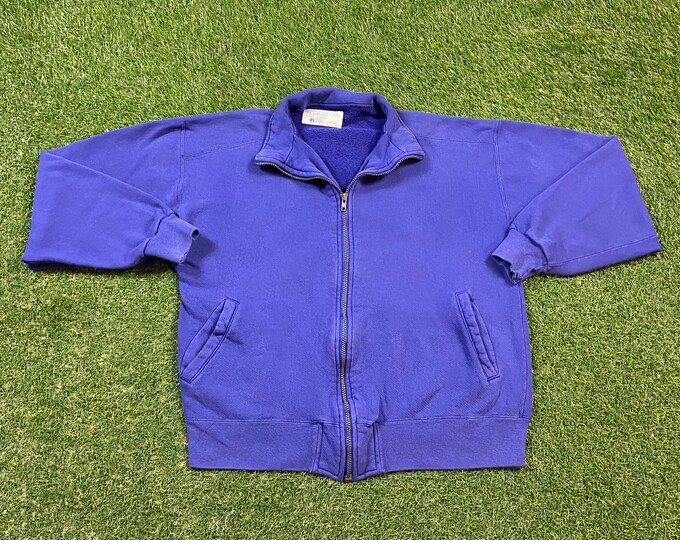 Vintage Plain Blue LL Bean Zip Up Sweatshirt Russell Athletic Made USA Size Large L 1990s Great Fit Original 90s Quality Blank