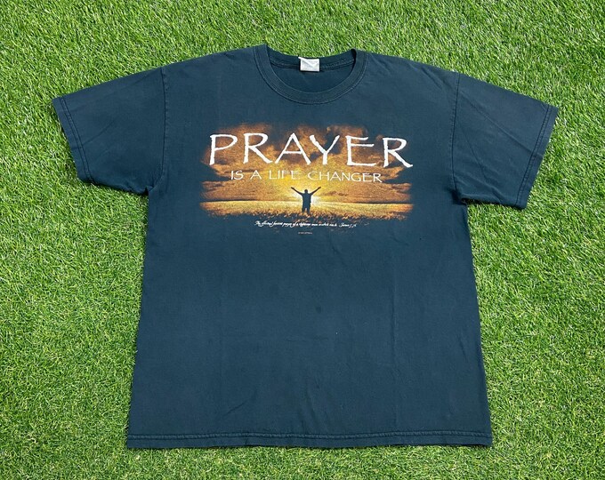 Vintage Prayer is a Life Changer T Shirt Tee Size Large L Church Sunday Service Salvation Praise 1990s 90s Christian Jesus Bible