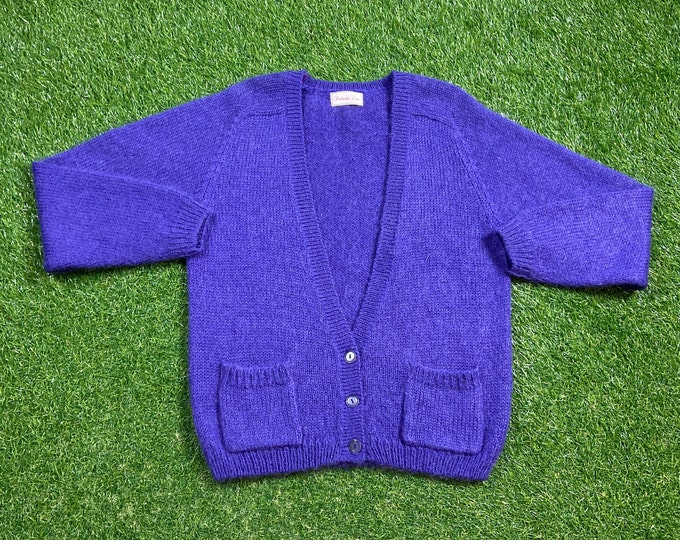 Vintage Purple Knitted Cardigan Sweater Size Small S Quality Warm Winter Fashion Pull Over 1980s 80s Cardigan Colorful