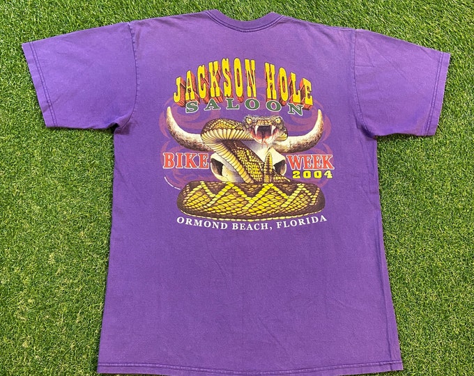 Vintage Jackson Hole Saloon Bike Week T Shirt Tee Large L Harley Davidson 3D Motorcycle Truckers Biker Ormond Beach Florida FL 1990s 90s