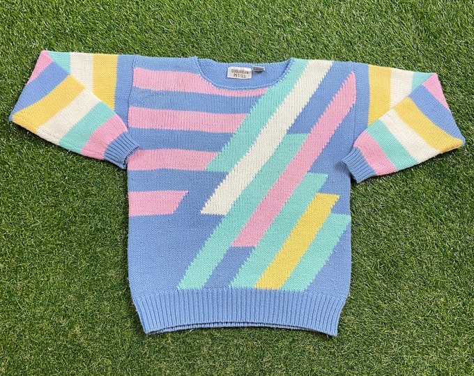 Vintage Multicolor Knitted Crewneck Sweater Size Small S Quality Cool Pattern Warm Winter Fashion Pull Over Oversized 1990s 90s