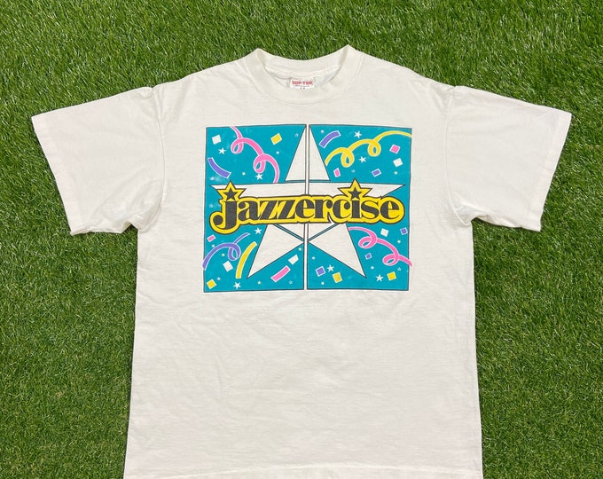Vintage Jazzercise T Shirt Tee Jays Made USA Size Xtra Large XL Workout Wear Athletic Gear 1990s 90s Exercise Neon Funny