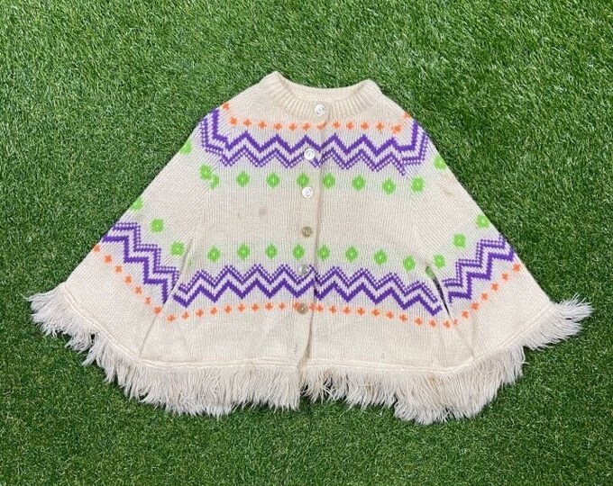 Vintage Classic White Poncho Blue Bird Youth Size All Native American Mexican Style 1960s 60s Original