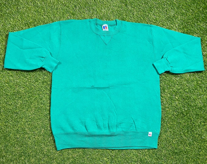 Vintage Plain Green Crewneck Sweatshirt Russell Athletic Made USA Size Large Quality 1990's Oversized Comfy Great Fit Original 90s Pull Over