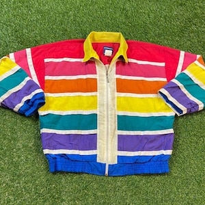 Vintage Graphic Windbreaker Zip Up Jacket Bovattini Size Large L Multicolor Streetwear Sport Active Wear Classic Light Rain Coat 1990s