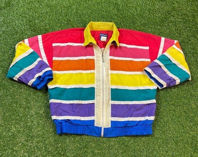 Vintage Graphic Windbreaker Zip Up Jacket Bovattini Size Large L Multicolor Streetwear Sport Active Wear Classic Light Rain Coat 1990s