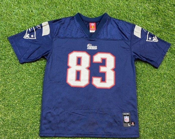 Vintage New England Patriots Wes Welker #83 Jersey Starter Size Youth Large NFL Football AFC 1990s Authentic Super Bowl Boston Massachusetts