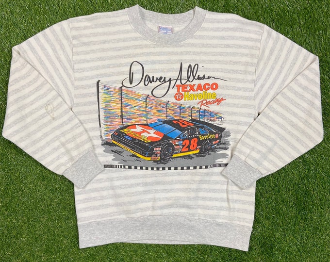Vintage Davey Allison 28 NASCAR Crewneck Sweatshirt Premier Sportswear Large 1990s 90s All Over Racing Made USA Sweater Drivers Seat Classic