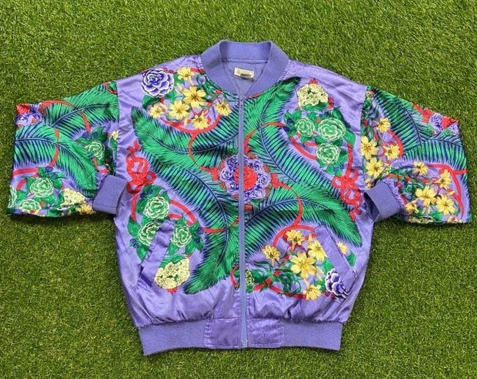 Vintage Flowers Bomber Jacket Size Medium M Gardening Love Bees Caterpillars Butterflies Nature Plants 1990s 90s
