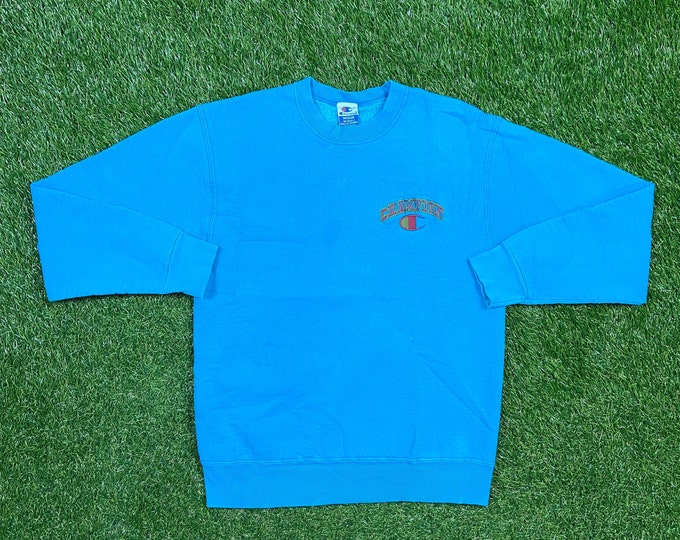 Vintage Blue Champion Spellout Crewneck Sweatshirt Size Medium M Quality 1990's Great Fit Made USA Original 90s Pull Over