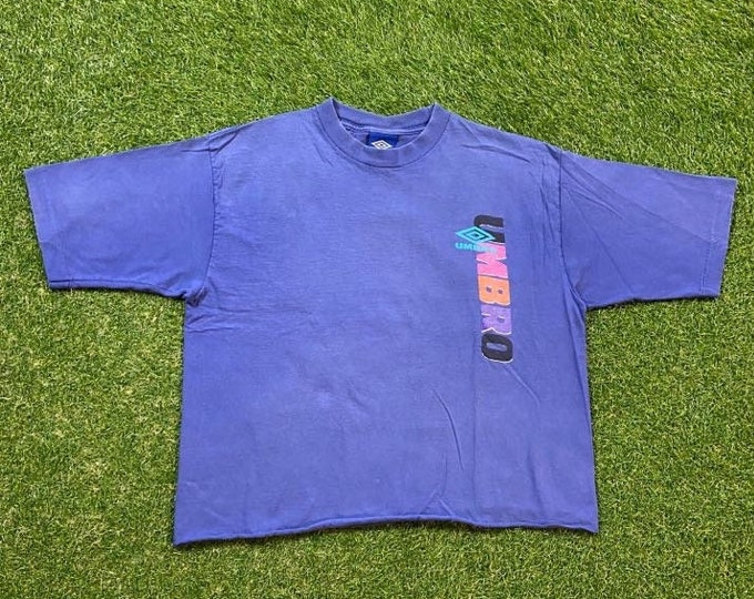 Vintage Umbro Crop T Shirt Tee Made USA Size Large L English Sportswear Football Equipment Supplier England MLS FIFA Mesi Ronaldo 1990s 90s