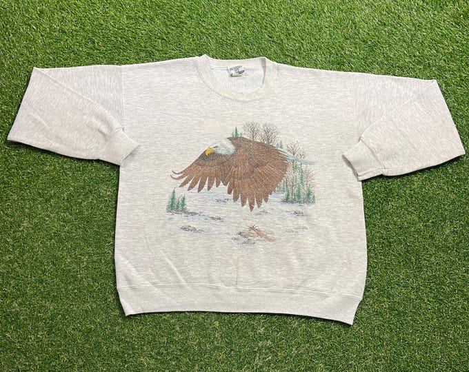 Vintage American Bald Eagle Crewneck Sweatshirt Lee Size Large L Wild Birds Animals Environment Habitat All Over Print Cool 1990s 90s