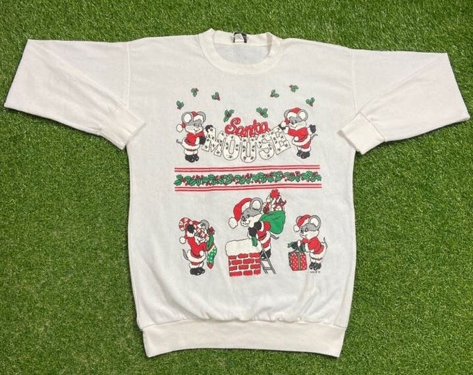 Ugly Christmas Sweater Sweatshirt Santa Mouse Vintage Tacky Holiday Party Merry Santa Claus Classic 80s 90s Xmas Size Large Pull Over