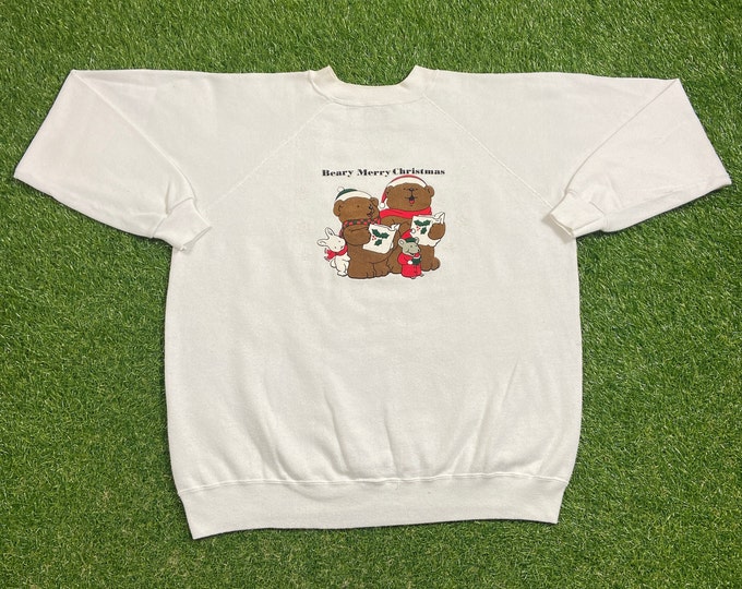 Ugly Christmas Sweater Sweatshirt Beary Merry Christmas Vintage Tacky Holiday Party Merry Santa Claus Classic Xmas Tree Size XXL 2XL 80s 90s