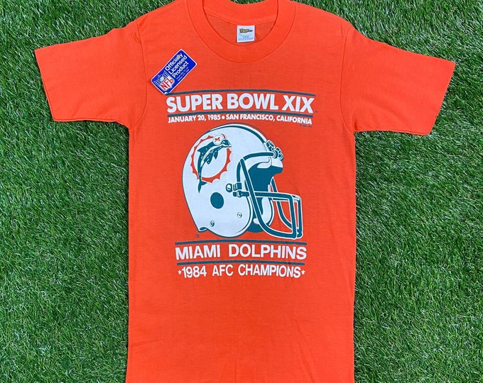 Vintage Miami Dolphins 1985 Super Bowl XIX T Shirt Tee Trench Made USA Small NFL Football Florida Dan Marino Deadstock New With Tags 1980s