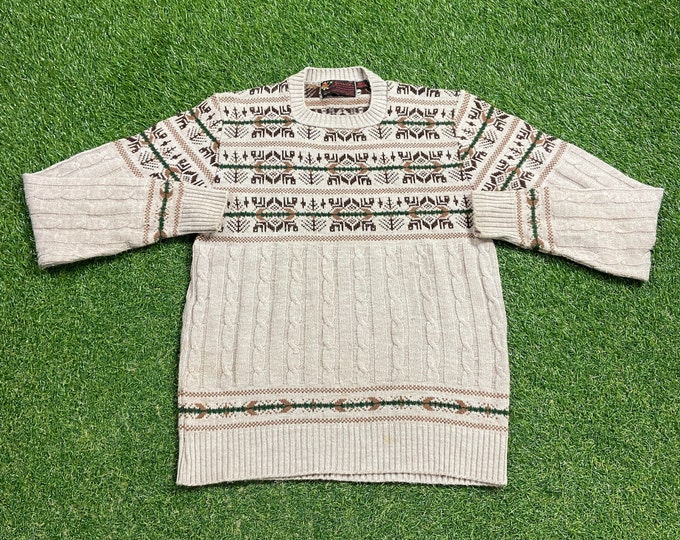 Vintage Multicolor Knitted Crewneck Sweater Made USA Size Medium M Quality Warm Winter Fashion Pull Over Oversized 1980s 80s