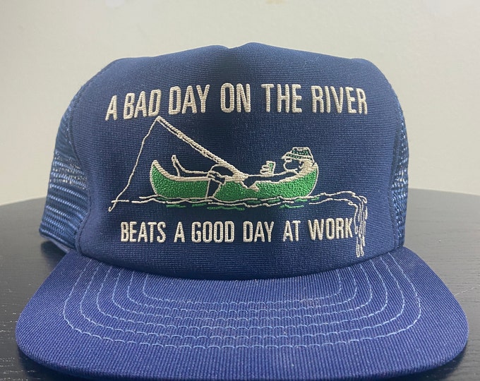 Vintage A Day on the River Beats a Good Day at Work Snapback Hat Funny Comical Cap Bass Pro Shops Fishing Hunting Nature 1980s 80s Trucker