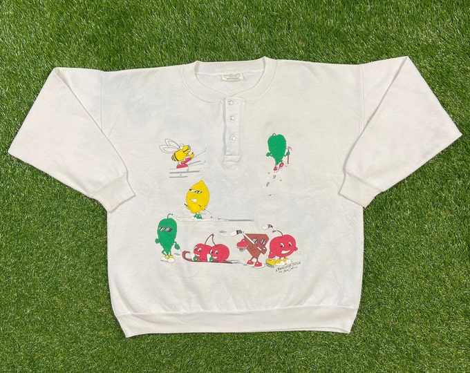 Vintage Vicks Crewneck Sweater Rainwear Design Made in Canada SIze OSFA Fits like Large L Pharmaceuticals Pull Over Cough Drop Fruit Snack