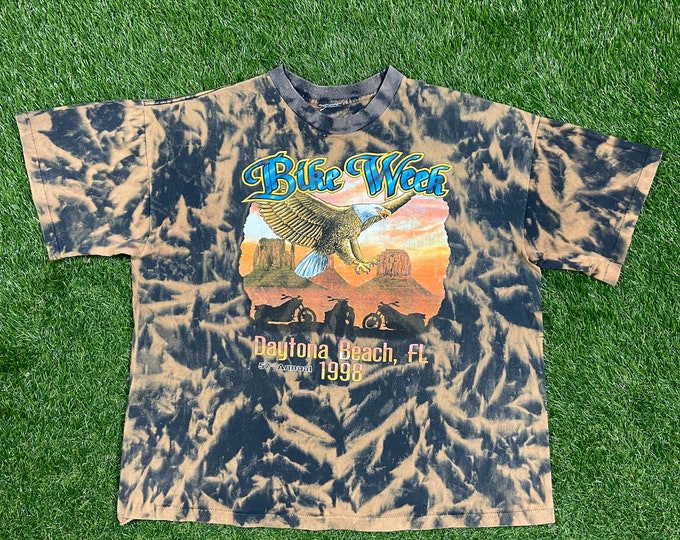 Vintage Bike Week Custom Dyed Handmade T Shirt Tee Size Large L Daytona Beach Florida Harley Davidson 3D Eagle Motorcycle Biker All Over 90s