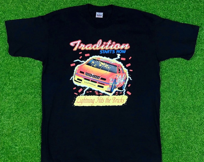 Vintage Nascar Racing #94 1990s Neon Print Brand NEW Chevrolet Lightning Hits the Brick T Shirt Tee XXL Oversized Daytona Car Deadstock 2 XL