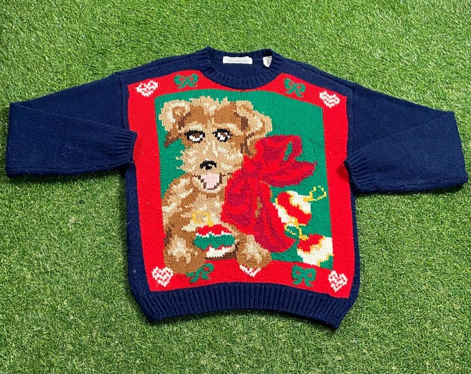 Ugly Christmas Knit Sweater Vintage Tacky Holiday Party Merry Santa Classic Santa Claus Xmas 90s 80s Knit Classic Size Medium M Dogs 1990s