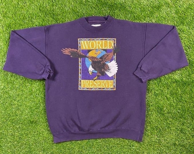 Vintage World Preserve American Bald Eagle Crewneck Sweater Size Xtra Large XL Rare 1990s 90s Animals Habitat All Over Print Pull Over Comfy
