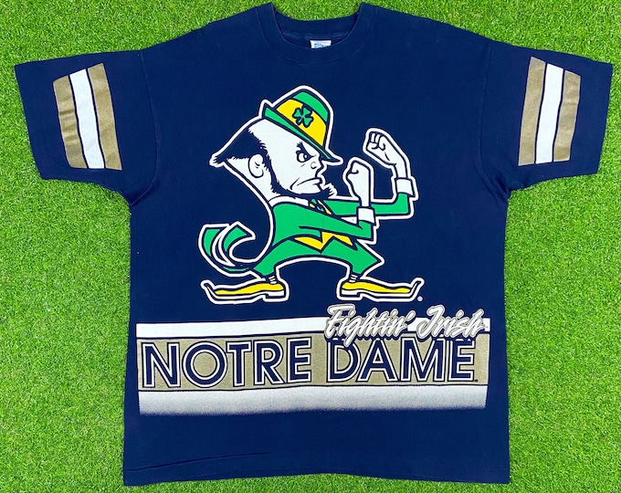 Vintage University of Notre Dame T Shirt Tee XL Fighting Irish 1990s Salem Sportswear Made USA 90s NCAA Football Classic Original All Over