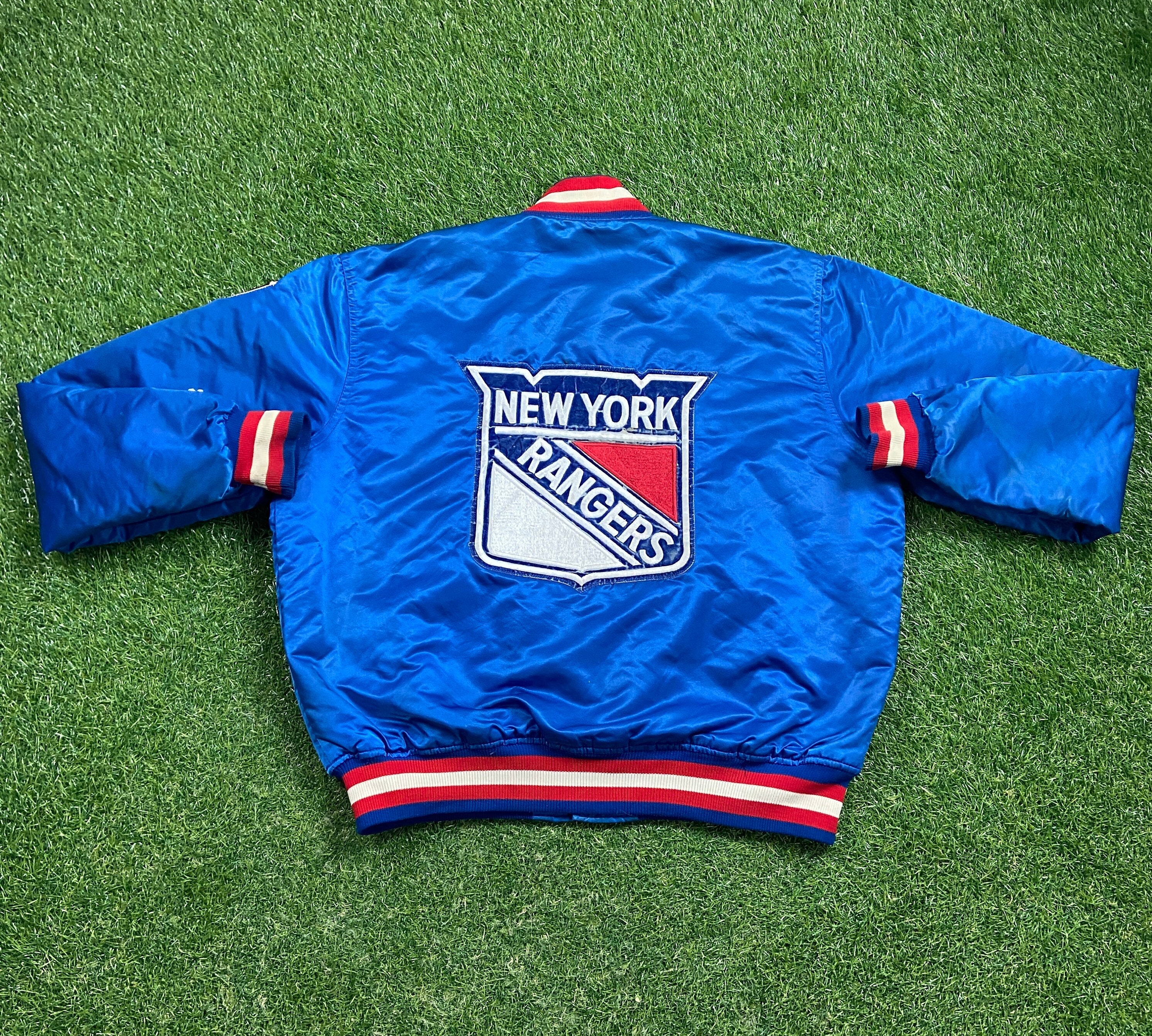 New York Rangers, NHL One of A Kind Vintage Starter Bomber Jacket with Three Crystal Star Design