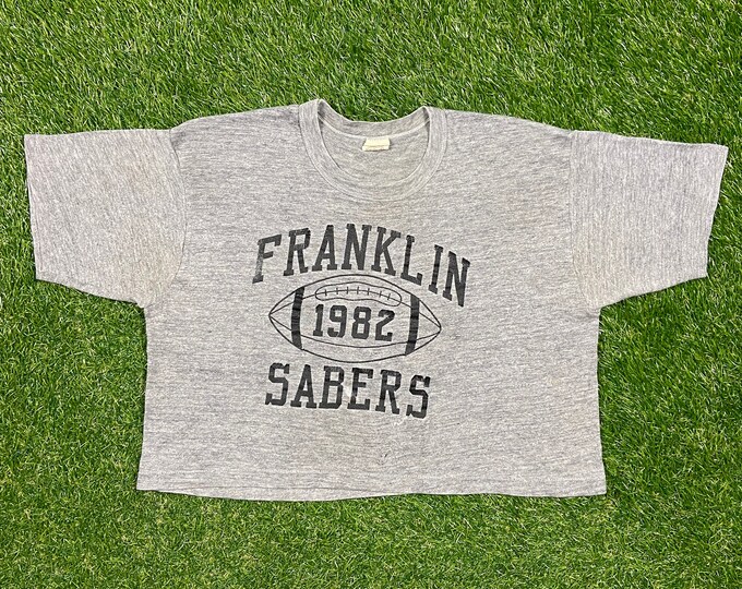 Vintage Franklin Badgers Crop T Shirt Tee Russell Athletic Made USA Size Large Varsity High School Football Wisconsin Tri Blend Rayon