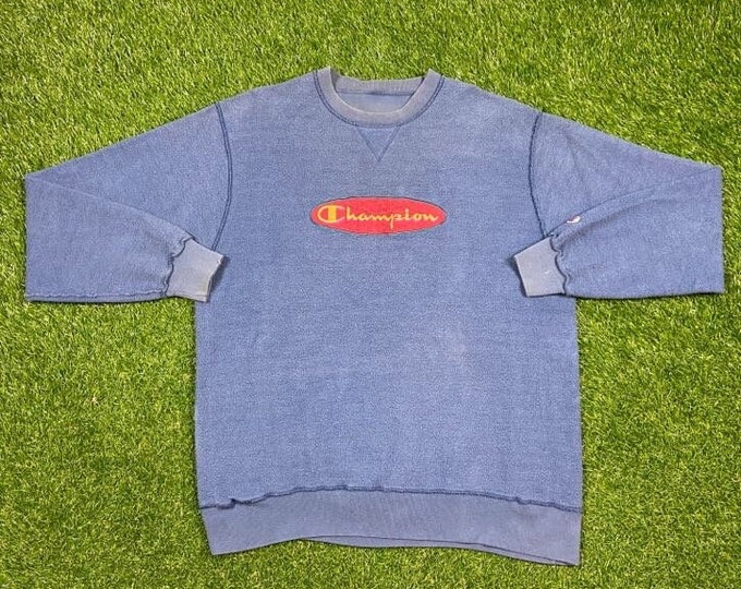 Vintage Plain Blue Champion Crewneck Sweatshirt Size XXL 2XL Quality 1990's Oversized Great Fit Made USA Original 90s Pull Over Inside Out
