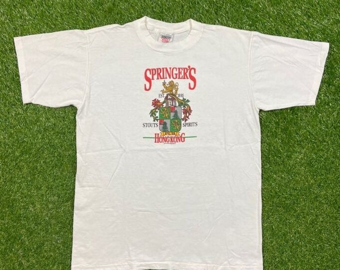 Vintage Springers Stout Spirits T Shirt Tee Oneita Made USA Size Xtra Large XL Hong Kong Drink Alcohol Party Night Life Classic Liquor 90s