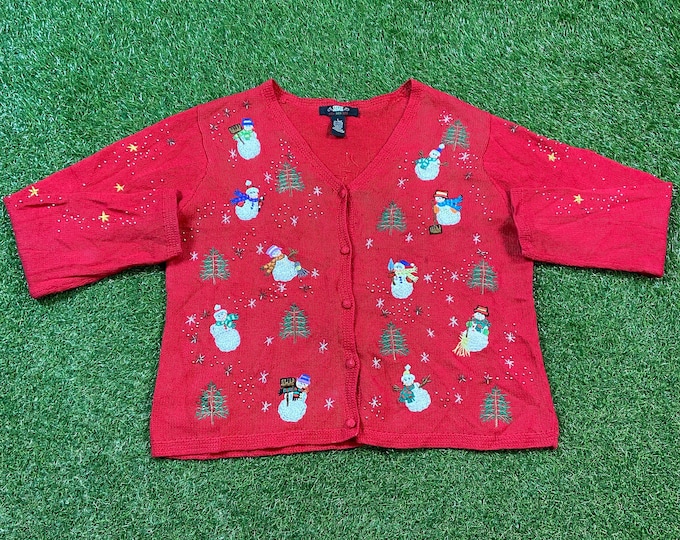 Ugly Christmas Cardigan Sweater Vintage Tacky Holiday Party Merry Santa Classic Size Large L Xmas 90s Christmas Snowmen Classic Hand Knit