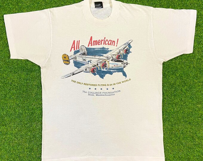 Vintage All American! Tshirt Screen Stars Large Made USA White USA Military 1990's 90's Rare Shirt Flying B-24 Aircraft