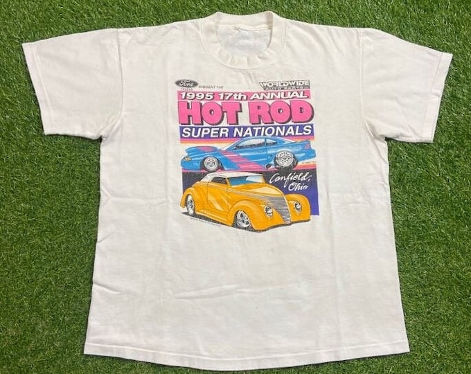 Vintage Hot Rod Super Nationals 17th Annual T Shirt Tee Size Medium M 1995 Ford Trucks Canfield Ohio NASCAR Daytona 500 Racing 1990s 90s