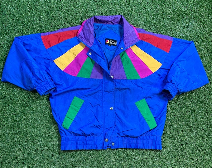 Vintage Graphic Windbreaker Zip Up Jacket Andy Johns Size Medium M Multicolor Streetwear Sport Active Wear Classic Light Rain Coat 1990s