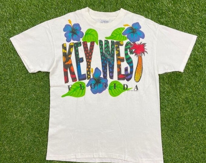 Vintage Key West T Shirt Tee World View Graphics Made USA Size Large L Tropical Florida Beach 1990s 90s Tourist Travel All Over
