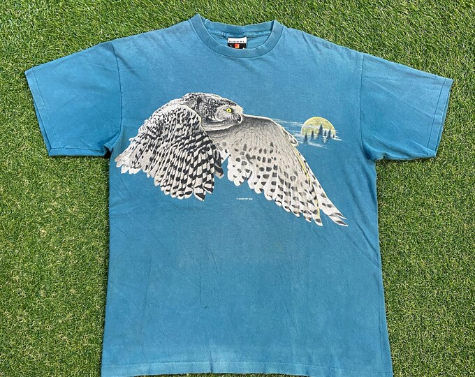 Vintage Owl T Shirt Tee Signal Sports Made USA Size Large L Mountain Animals Habitat All Over Print Art Cool 1990s 90s