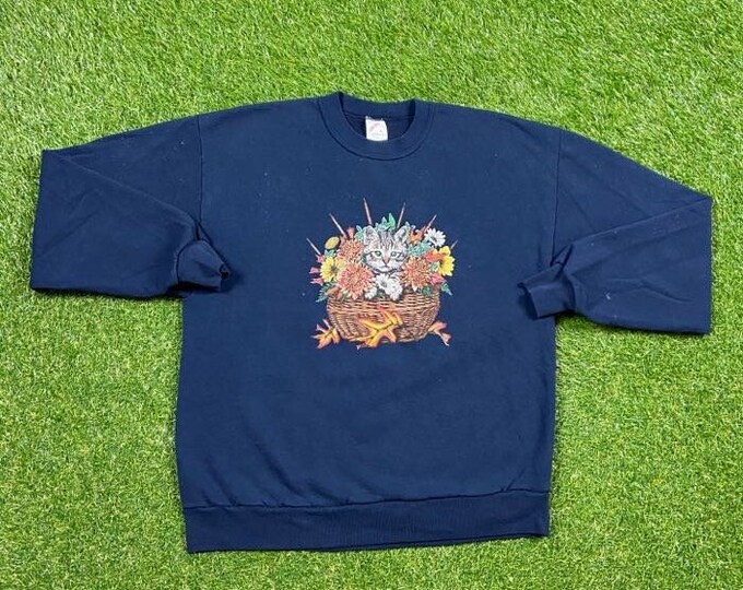 Vintage Cats Crewneck Sweatshirt Jerzees Made USA Size Large L Classic Animal Graphic Pull Over Oversized