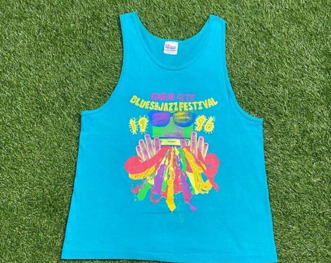 Vintage 1996 Kansas City Blues and Jazz Festival Tank Top Shirt Tee Hanes Made USA Size Medium M Classic Music Event Missouri 1990s 90s